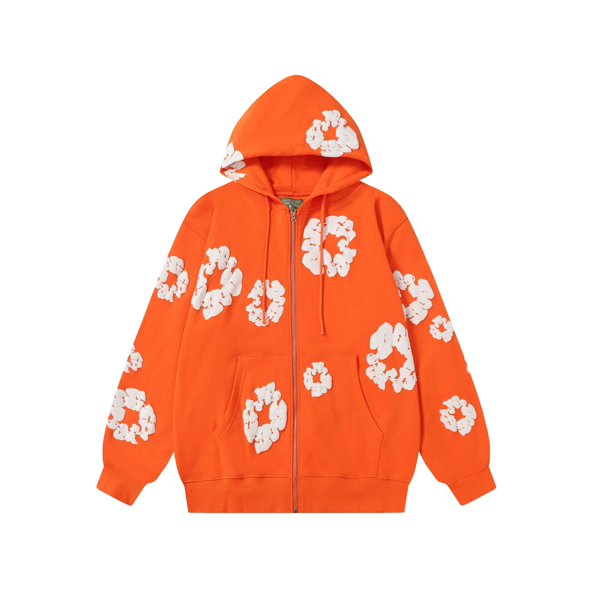 16 colors DENIM TEARS Kapok European and American trendy brand high-quality foam printed hooded sweatshirt jacket. Terry fabric weighs 380 grams. Threads are customized and dyed in the same color. Color Black Gray Blue Green Royal Blue Purple Red Orange Colorful Blue Pink White Sky Blue Brown Carbon Gray Black Gray White White Size S-XL
